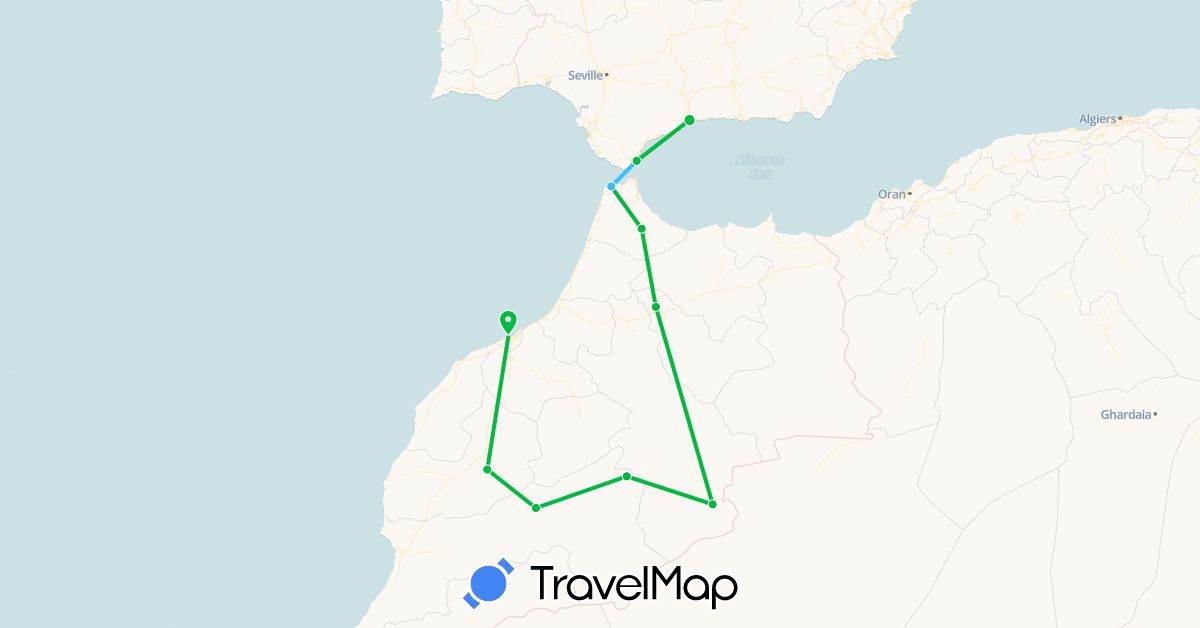 TravelMap itinerary: driving, bus, boat in Spain, Gibraltar, Morocco (Africa, Europe)